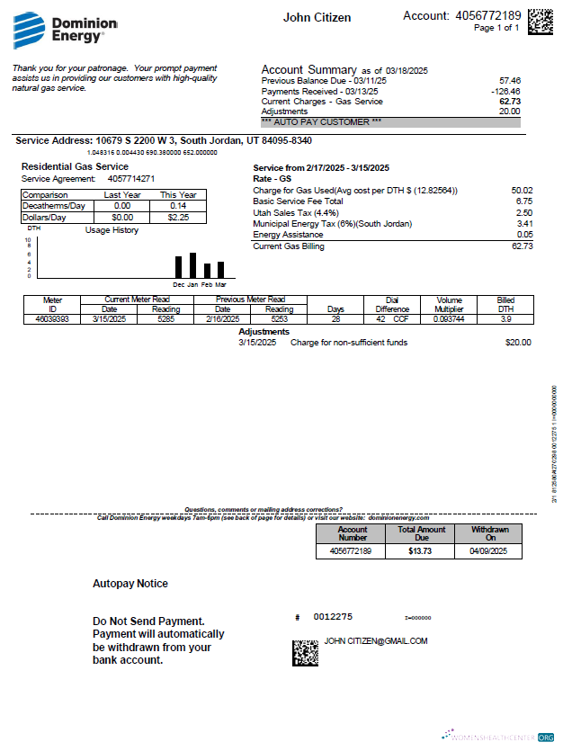 download USA Dominion Energy utility bill template in Word and PDF formats, version 3 PDF template